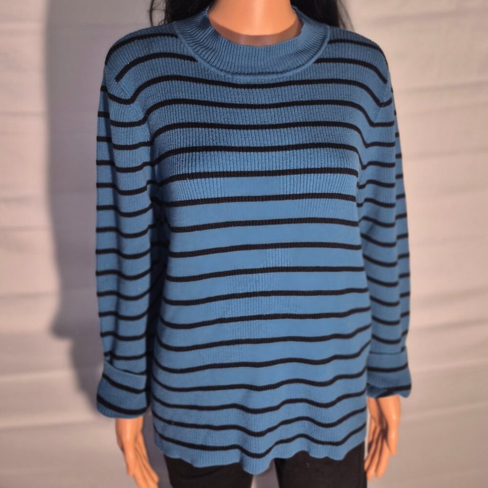 THE TOG SHOP Pretty Cotton sweater, Black and Turquoise stripes, size XL